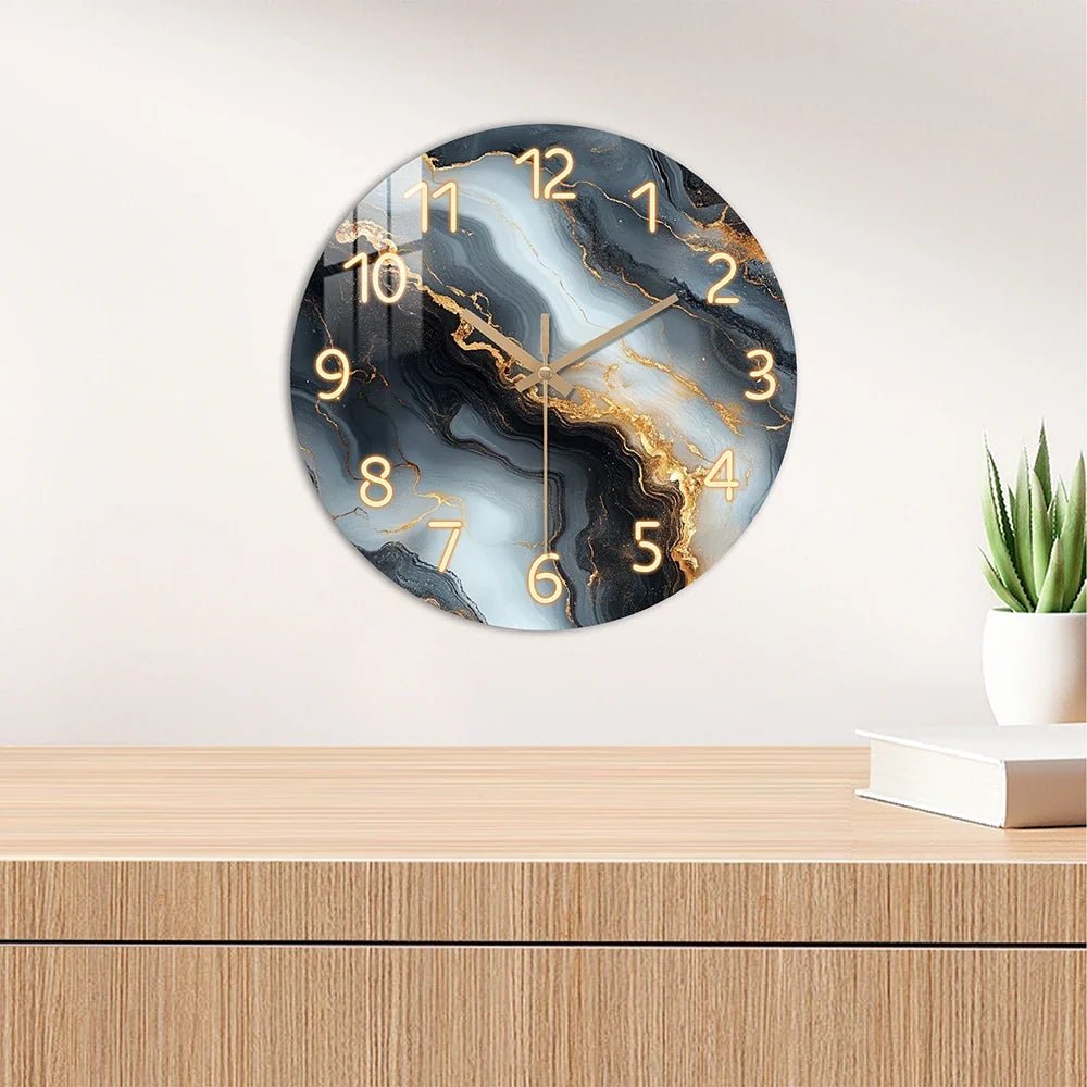 Blue & Gold Marble Wall Clock | Silent Wooden Design - LivingLX