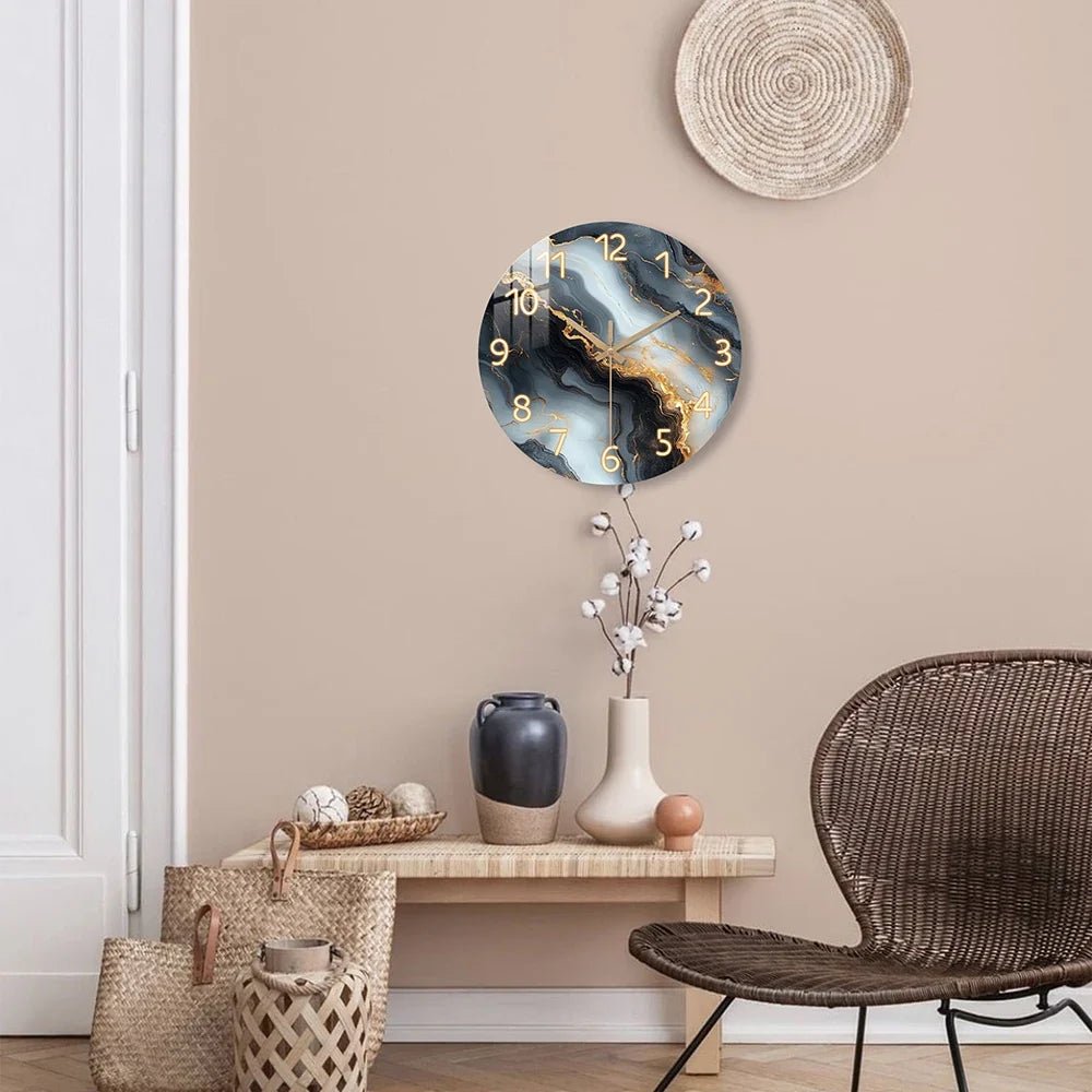 Blue & Gold Marble Wall Clock | Silent Wooden Design - LivingLX