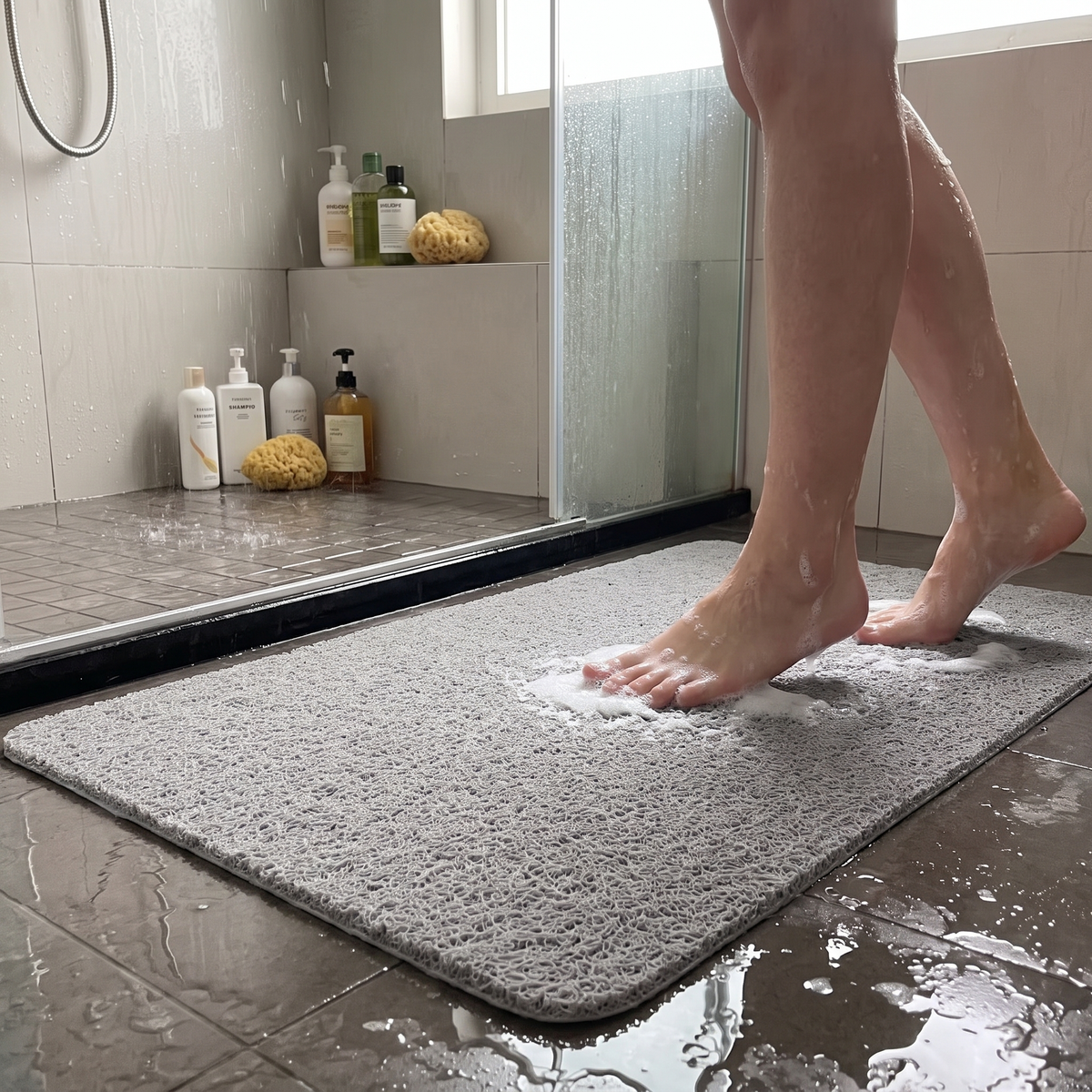 AquaLuxe Cushioned Shower Mat in use - White