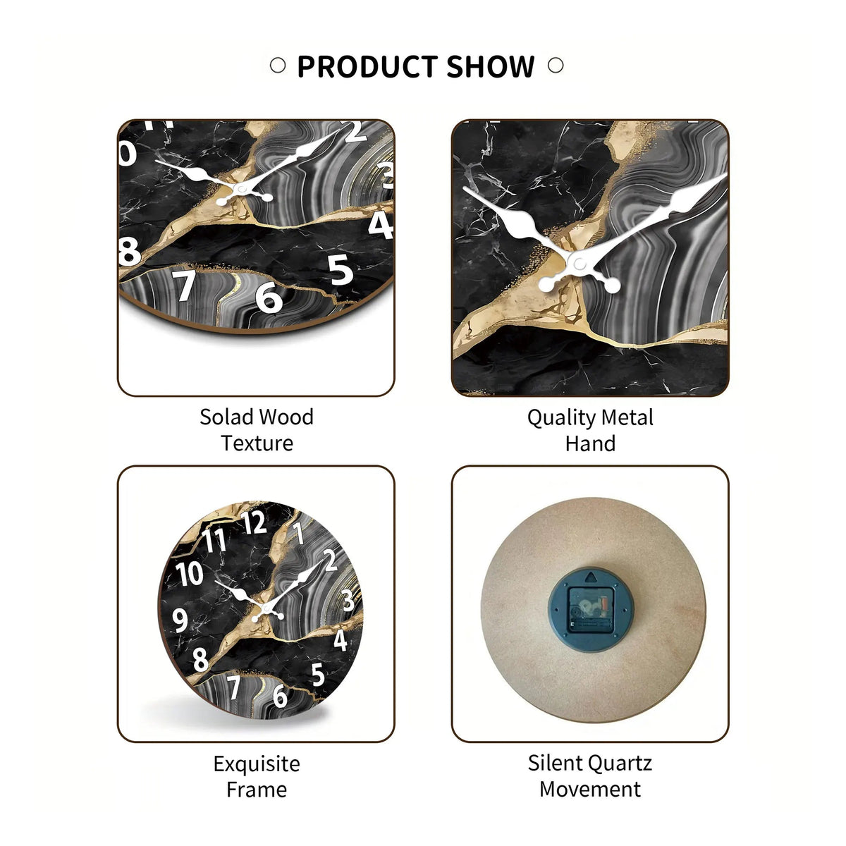 MarbellaTime | Modern Round Wooden Wall Clock | Silent Marble Design - LivingLX