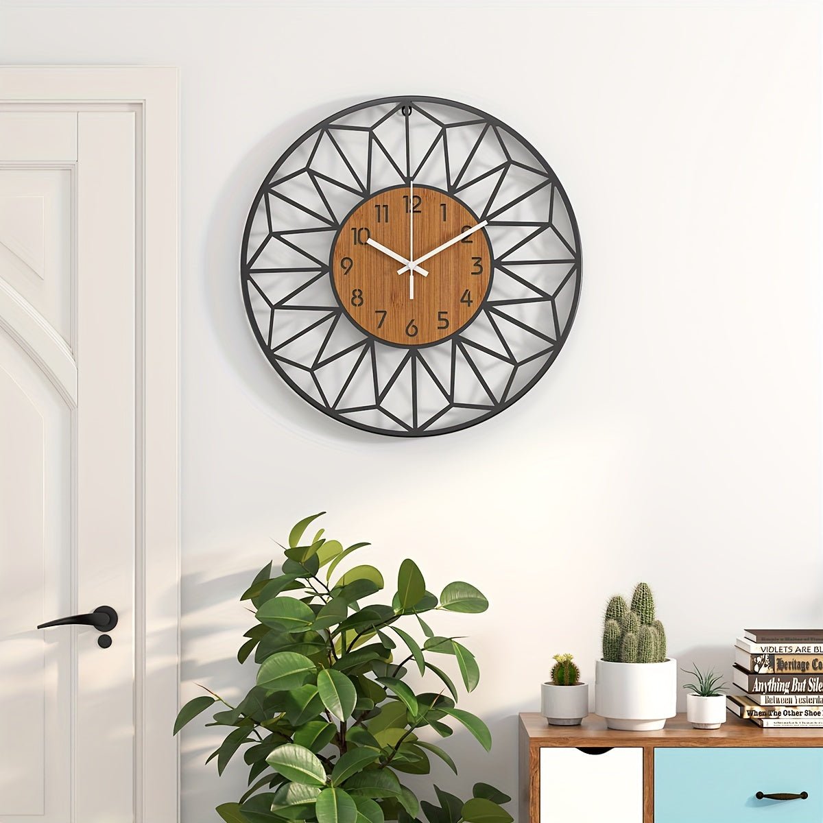 Modern Metal Wall Clock | Wood Grain Centre Design - LivingLX