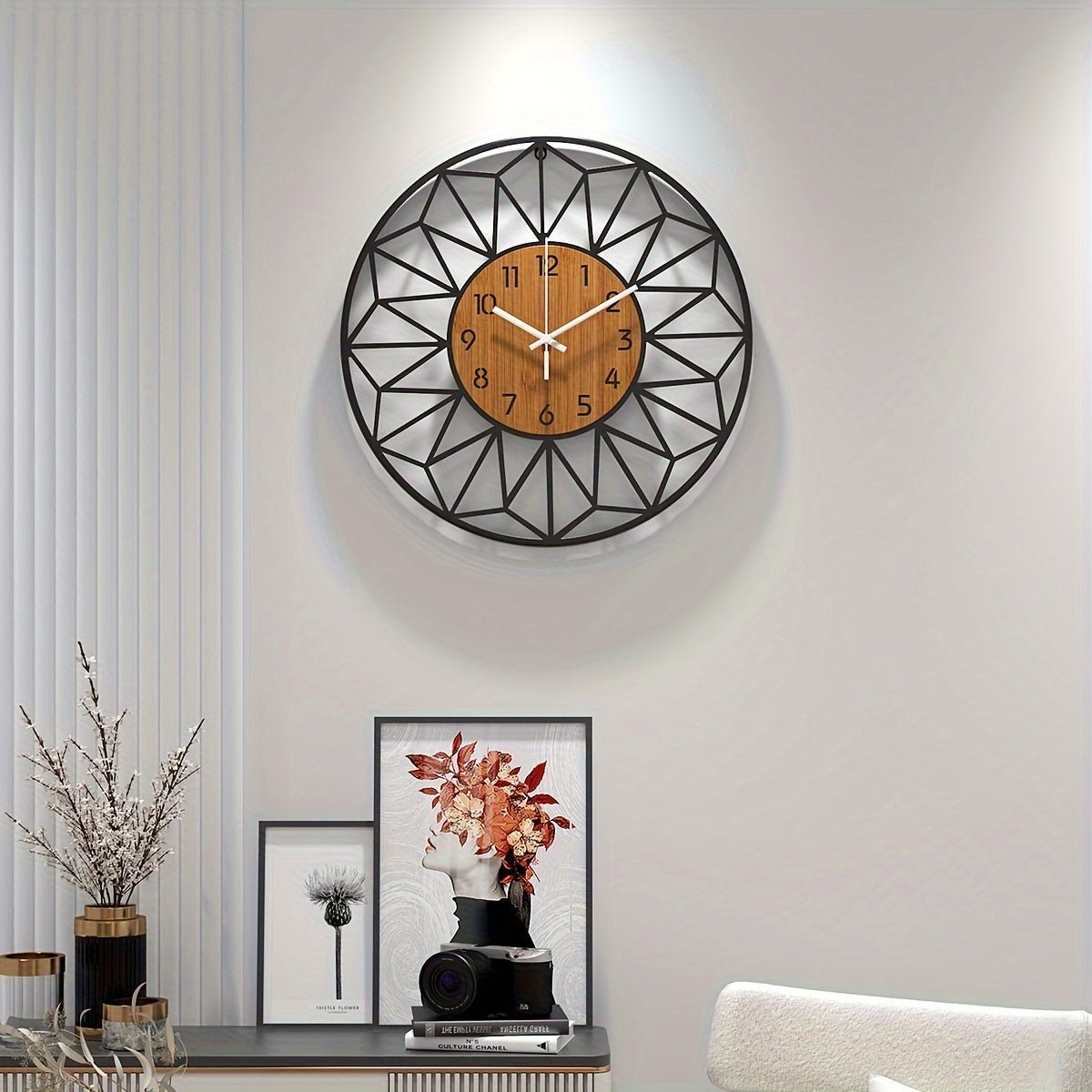 Modern Metal Wall Clock | Wood Grain Centre Design - LivingLX