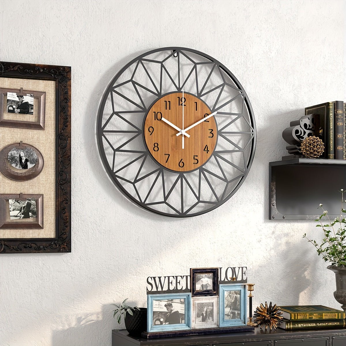 Modern Metal Wall Clock | Wood Grain Centre Design - LivingLX