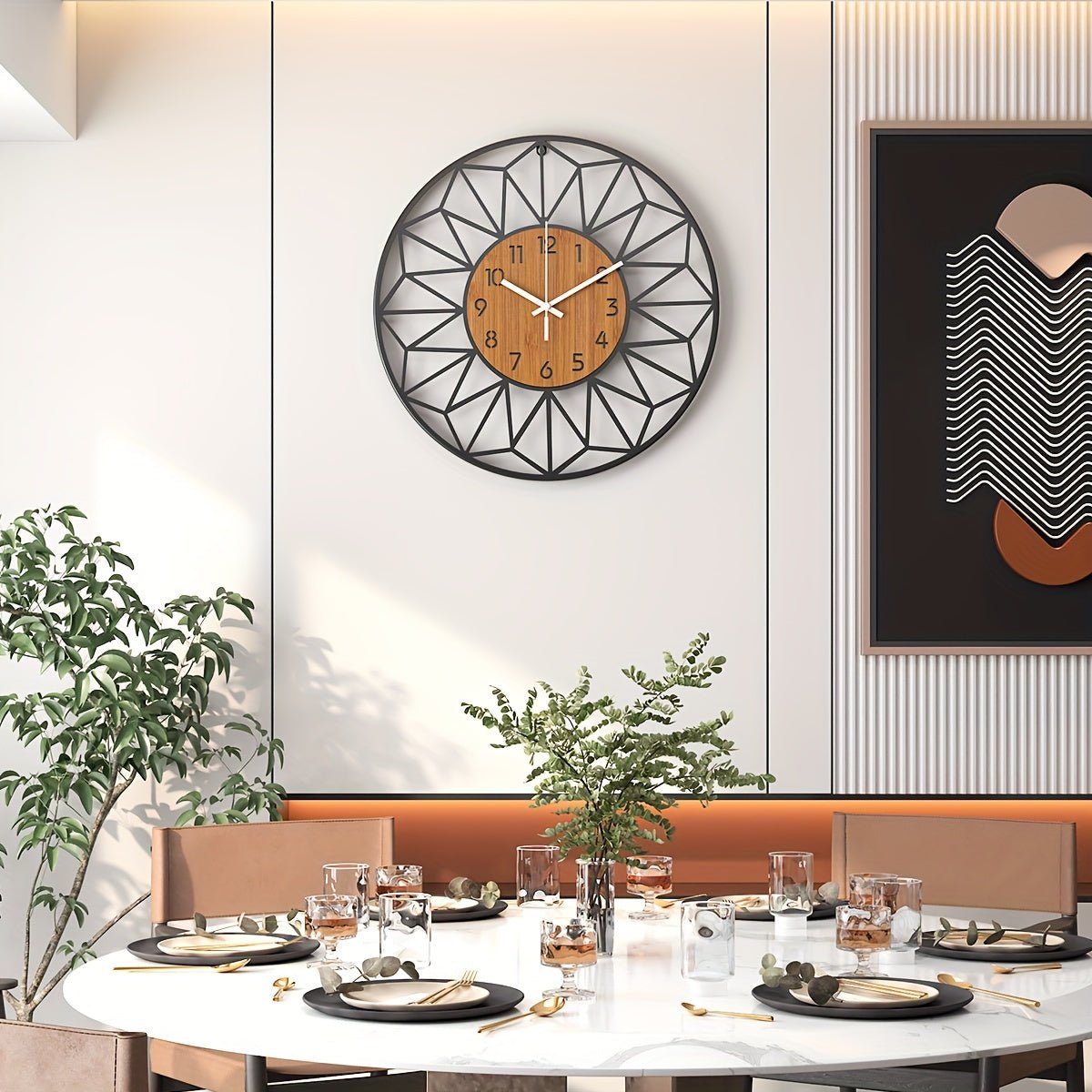 Modern Metal Wall Clock | Wood Grain Centre Design - LivingLX