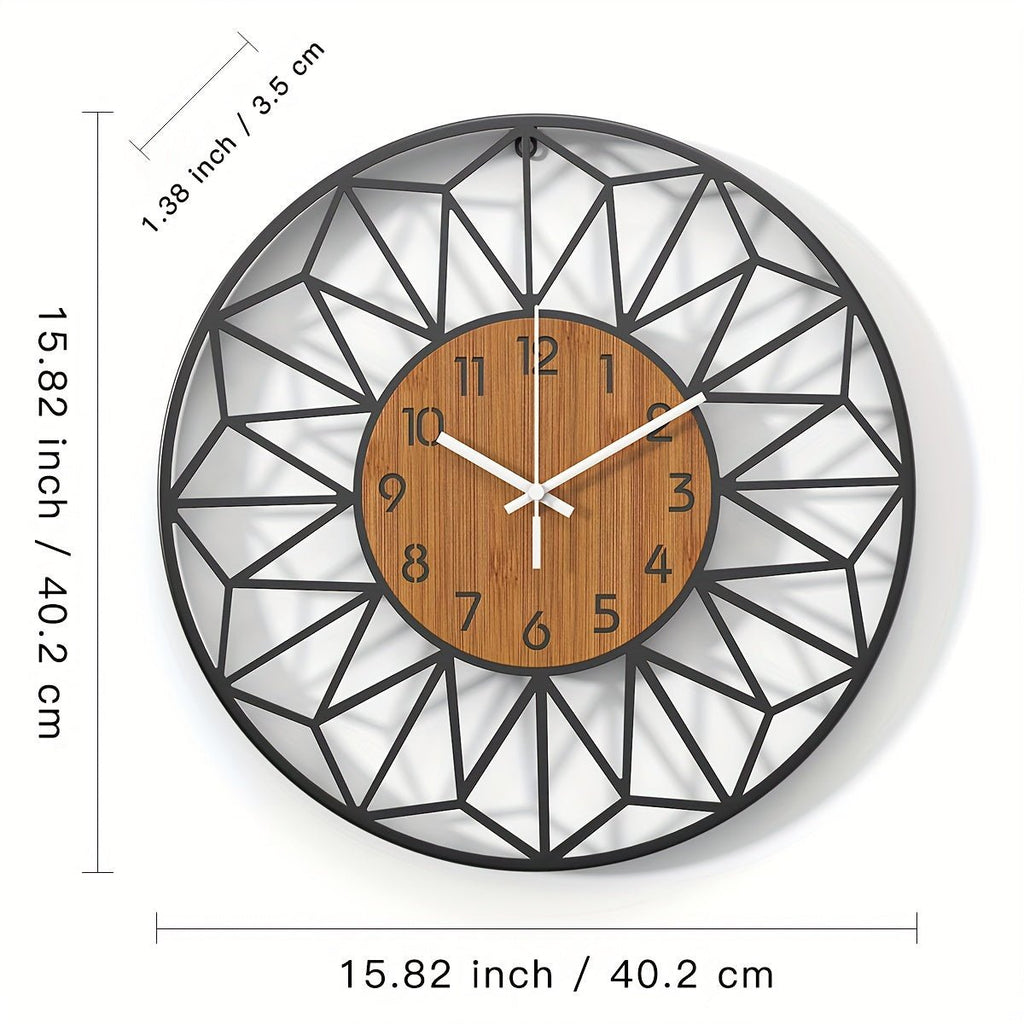 Modern Metal Wall Clock | Wood Grain Centre Design - LivingLX