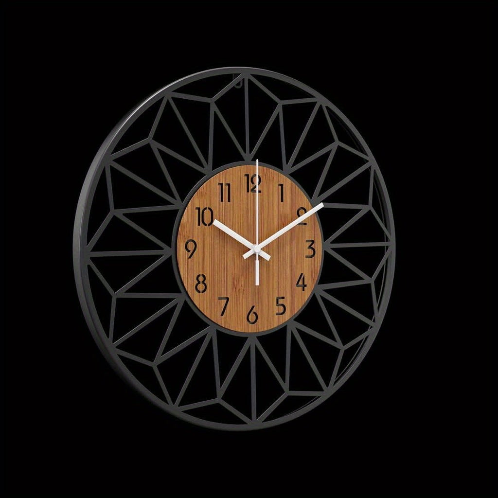 Modern Metal Wall Clock | Wood Grain Centre Design - LivingLX