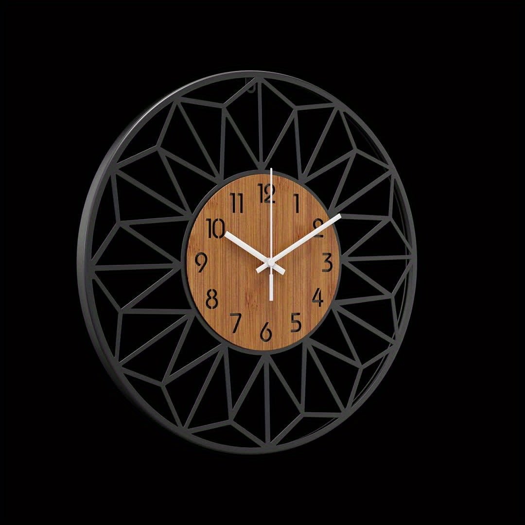Modern Metal Wall Clock | Wood Grain Centre Design - LivingLX