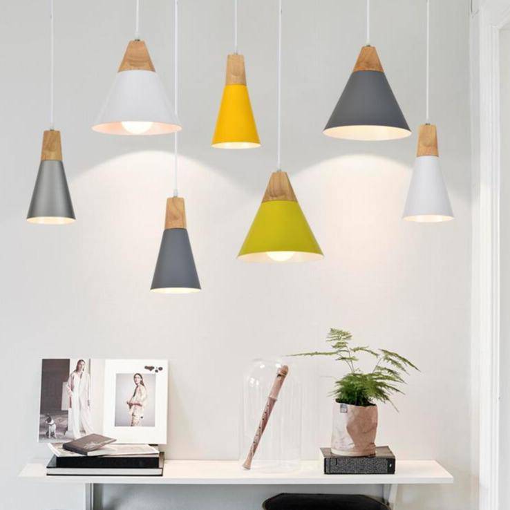 Wood & Aluminum Cone Pendant Light | Vintage Kitchen Island & Dining Room Hanging Lamp