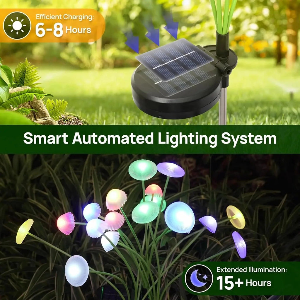 Solar Mushroom Lights Set of 2 – 6 Swinging Heads, RGB or Warm White - LivingLX