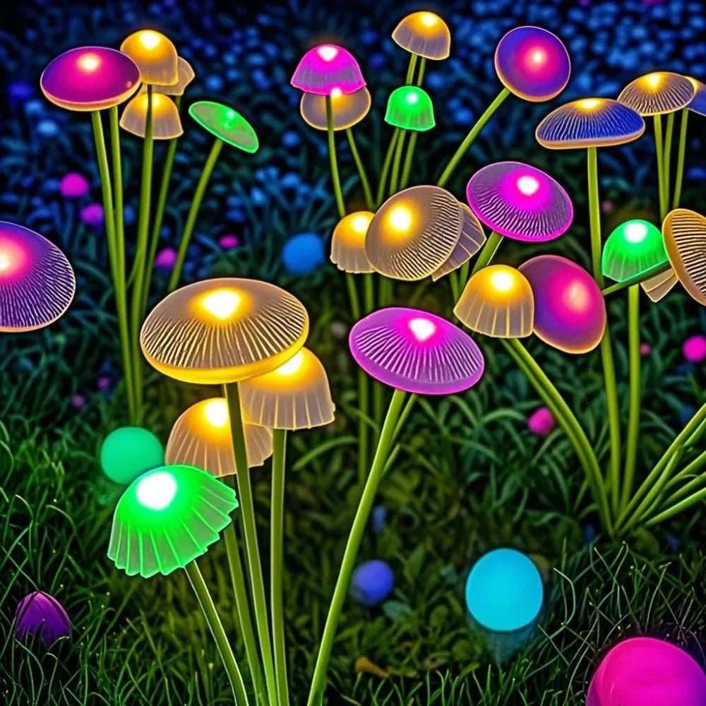 Solar Mushroom Lights Set of 2 – 6 Swinging Heads, RGB or Warm White - LivingLX