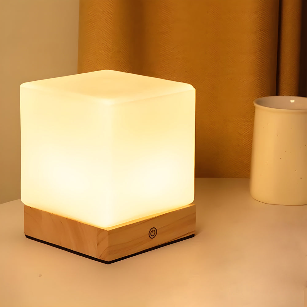 Square Wood Cube LED Table Lamp
