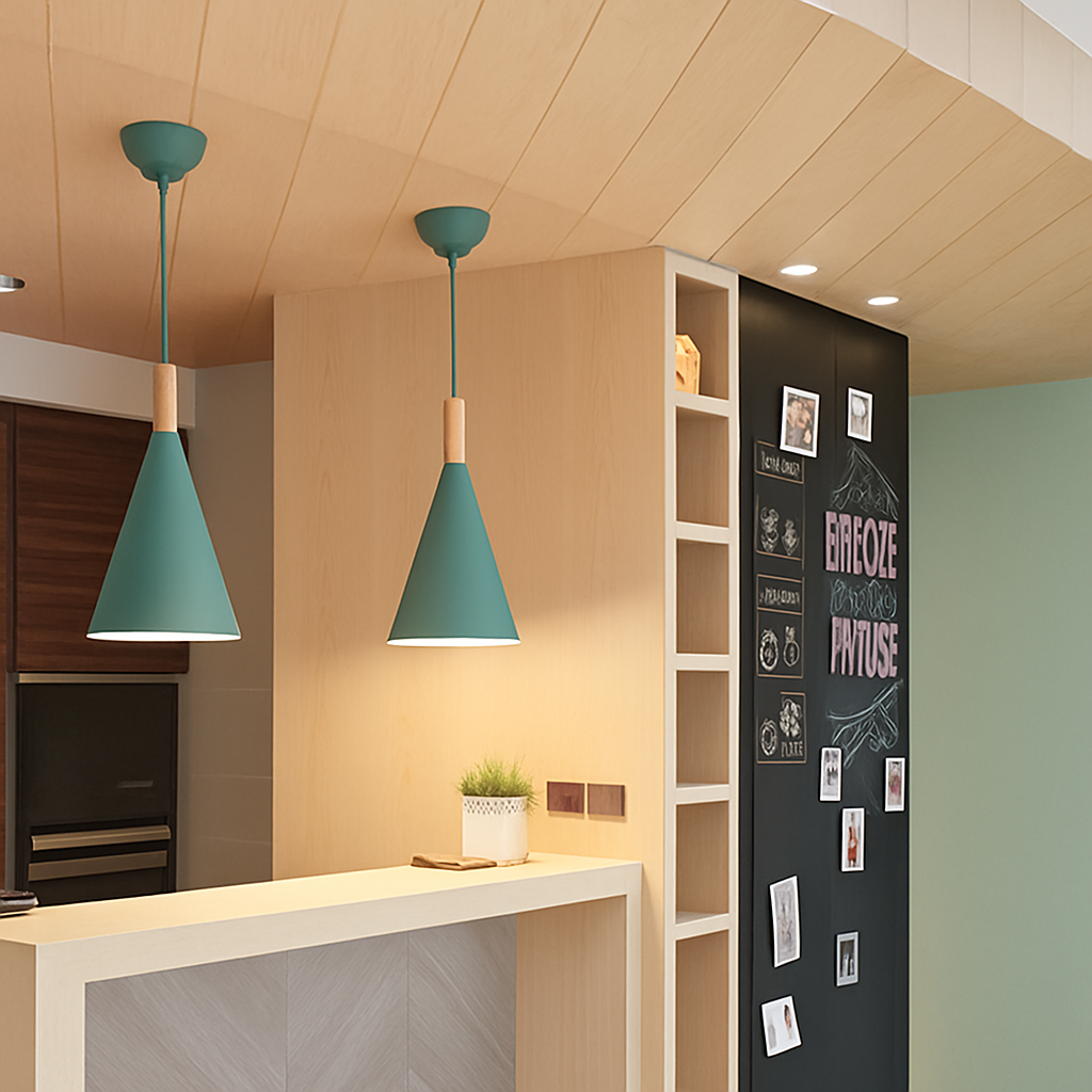 Bar Colorful Cone Pendant Light | Metal Shade with Wood Stem