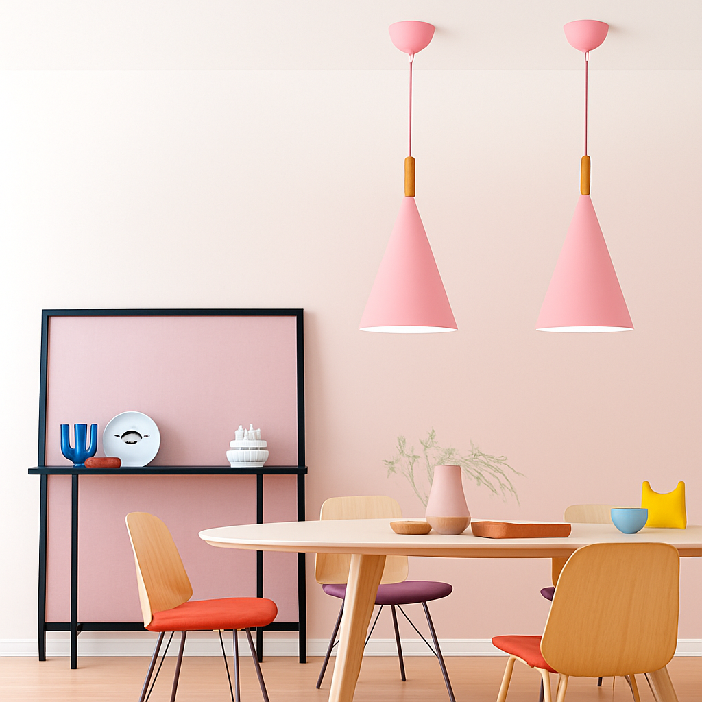 Bar Colorful Cone Pendant Light | Metal Shade with Wood Stem