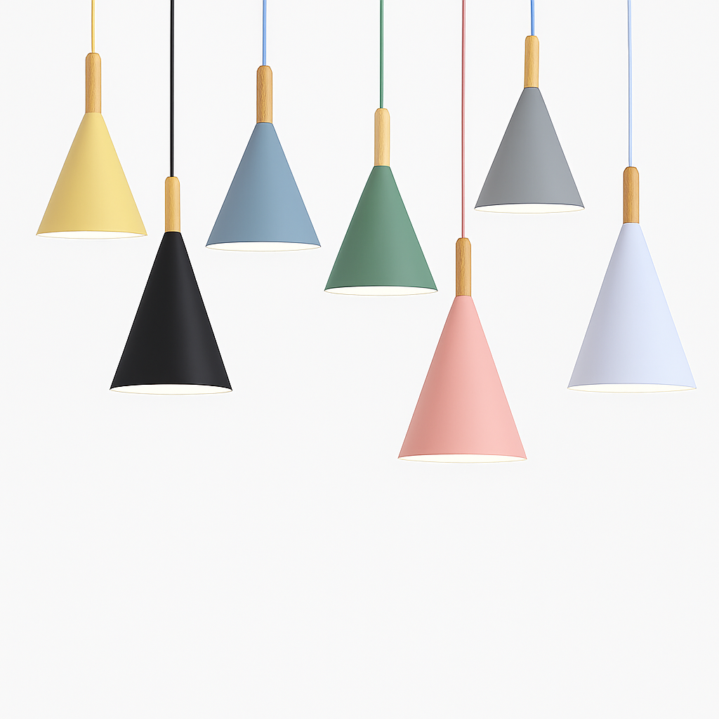 Bar Colorful Cone Pendant Light | Metal Shade with Wood Stem