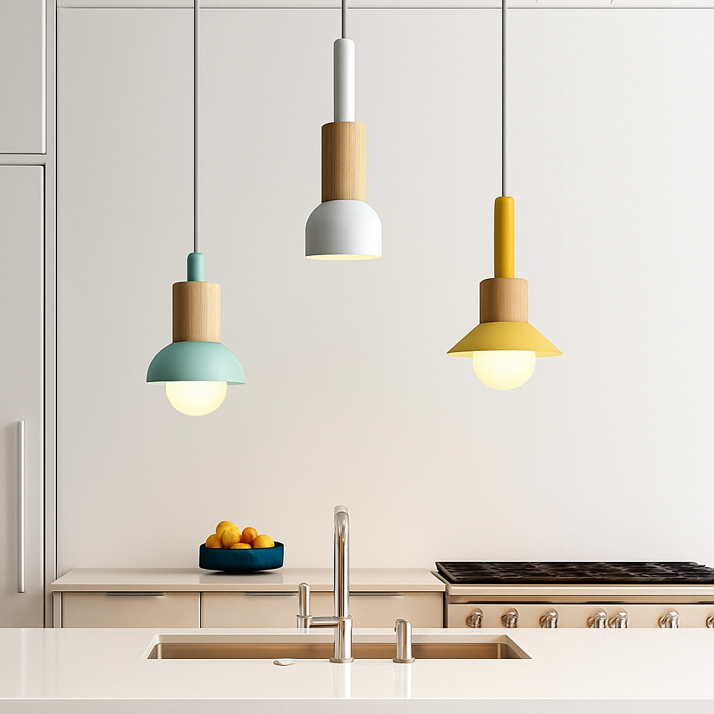 Window Wood & Metal Pendant Light | Colorful Mini Kitchen Island & Bedroom Hanging Lamp (3 Shapes)