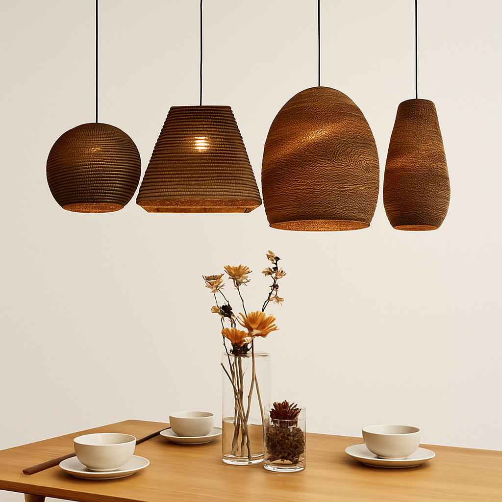 Japandi Paper Pendant Light | Brown Kraft Paper Hanging Lamp in 12 Shapes for Dining & Living Room