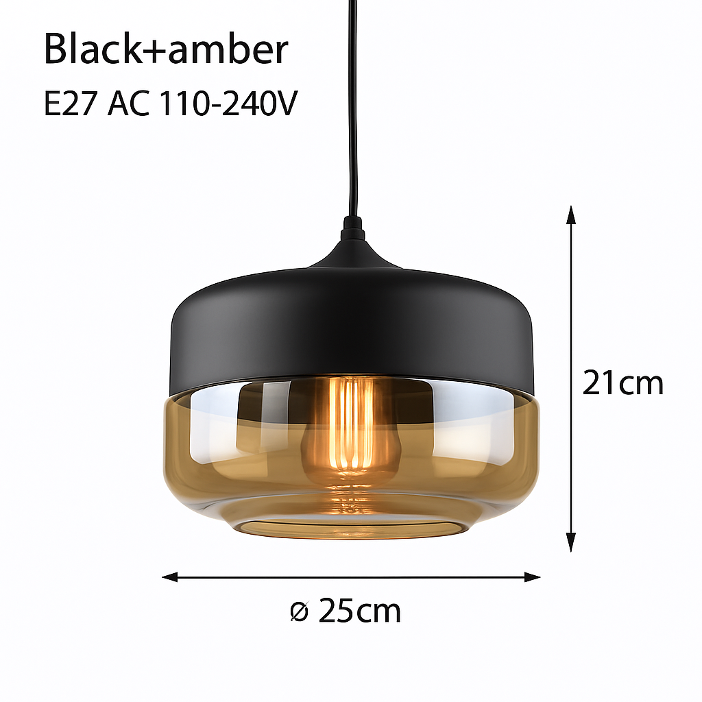 Loft Glass & Metal Pendant Light | Modern Amber or Clear Glass Kitchen Island & Dining Room Hanging Lamp